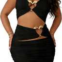 Geulis Sexy 2 Piece Skirt Sets for Women Summer Cut out Sleeveless Halter Crop Tops Ruched Bodycon Mini Skirt Beach Outfits (Small, Black)