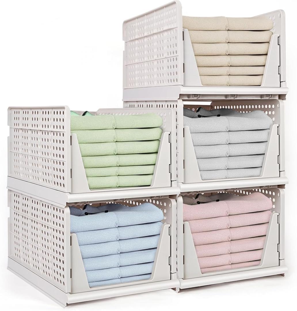 5XL Stackable Plastic Storage Basket,Closet Storage Bins for Clothes Sweater Organizer for Closet Folding Closet Organizers and Storage Closet Shelf Storage Container for Cupboard Bedroom, 17"L x 13"W x 9.6"H
