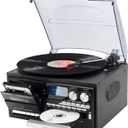Vintage 9-in-1 Record Player Turntable with Bluetooth, AM/FM Radio, CD & Cassette Player, USB/SD Playback, Remote Control, Aux & RCA Inputs, Headphone Jack  Classic Audio System for Music Lovers (Black)