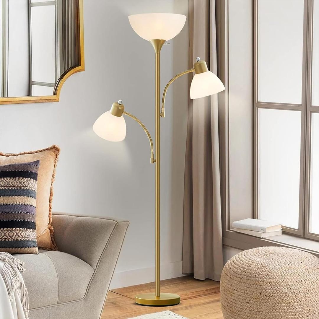 Luvkczc Floor Lamps for Living Room, 72" Tall Standing Lamps, Torchiere Lamp with 8W Adjustable Reading Lights, Modern Bright Floor Lamp for Bedroom, Office, Dresser, Gold&White, Bulbs Included