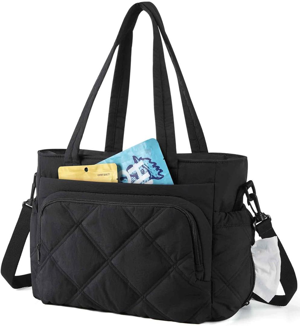 BAGSMART Lunch Bag Women Large Lunch Box Insulated Tote Bag with Multi-Pockets Quilted Puffy Tote for Work, Outdoors (04-Black)