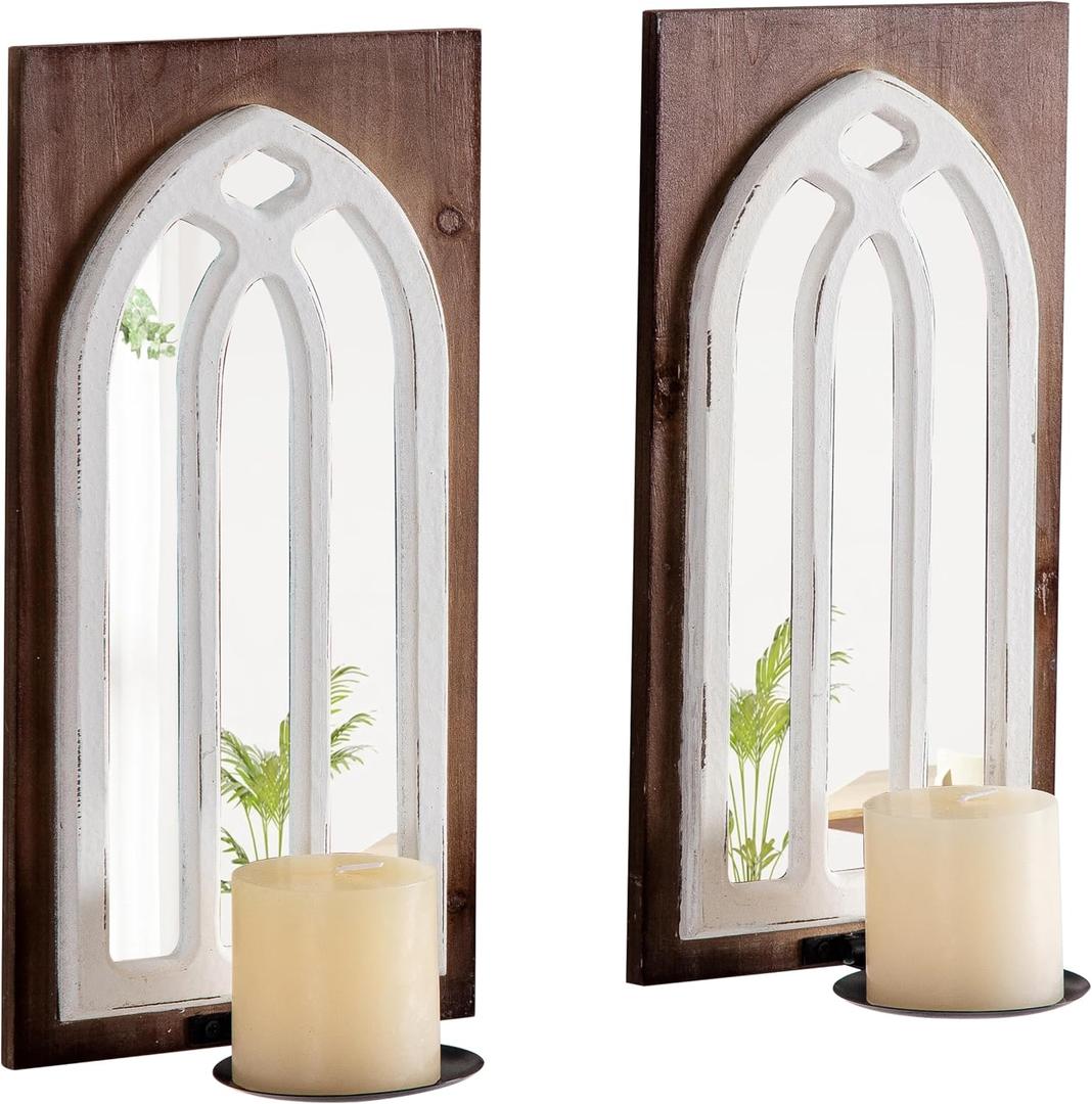 SOFE Arched Window Mirror Candle Sconces Wall Decor Set of 2, Cathedral Rustic Wall Decor Hanging Candle Holder for Living Room, Bedroom Bathroom