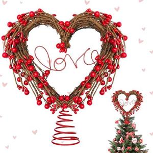 9.84 Inch Valentine Tree Topper Valentine Wreath Heart Shape Rattan Treetop Tree Topper with Red Pink Berry Heart for Valentines Wedding Holiday Party Mantel DIY Craft