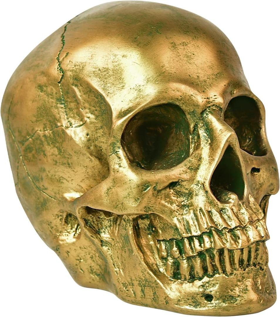 SEKKVY Resin Human Gold Skull Statues Halloween Decor Skeleton Outdoor Human Skull Model Golden Home Decoration (Non-Removable)