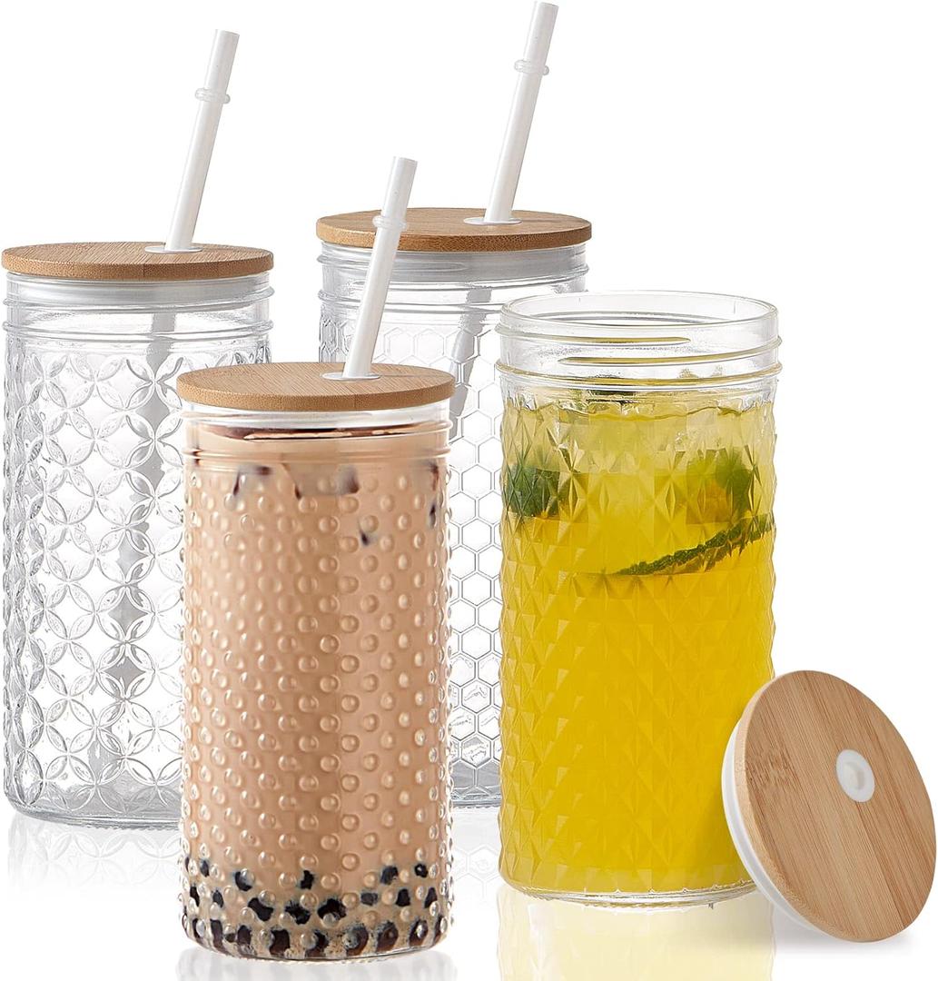 Hyperspace 4Pack Glass Tumblers with Bamboo Lids and Straws, 24 OZ Wide Mouth Mason Jar Drinking Glasses Travel Bottles with Varitey of Patterns for Multi Use