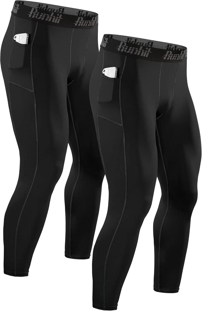 Runhit Compression Pants Men Running Tights Leggings Athletic Workout Gym Pants (Small, 2 Pack Pocket :Black)