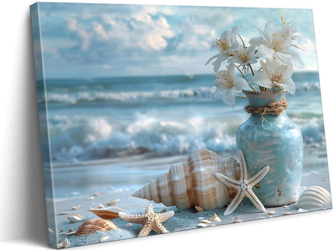 Blue Ocean Beach Bathroom Canvas Wall Art Starfish with White Flower Coastal Picture Wall Decor Seascape Poster Seaside Seashell Painting Print Artwork for Living Room Bedroom Restroom, Framed (16L''x12W'')