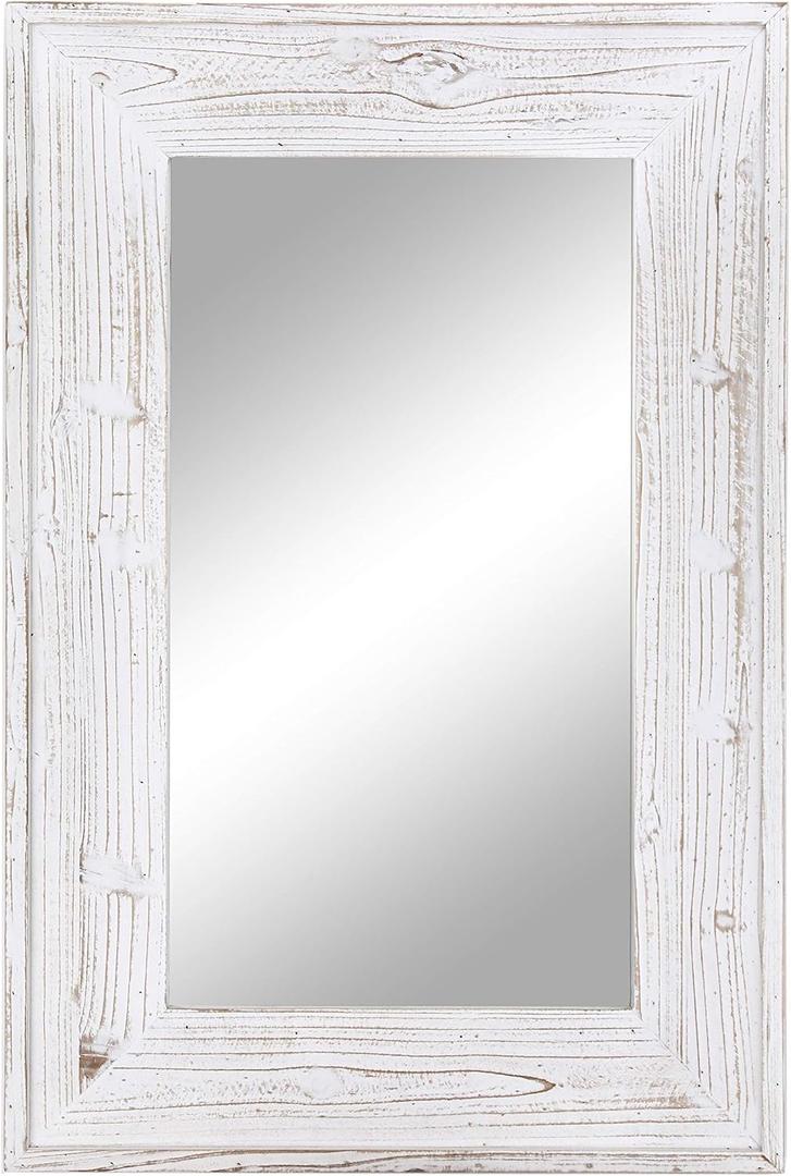 36 x 24 inches Wall Mounted Decorative Mirror, Rustic Wood Framed Rectangular Hanging Mirror with 4 Hangers for Farmhouse Bathroom, Entryway, Bedroom Décor