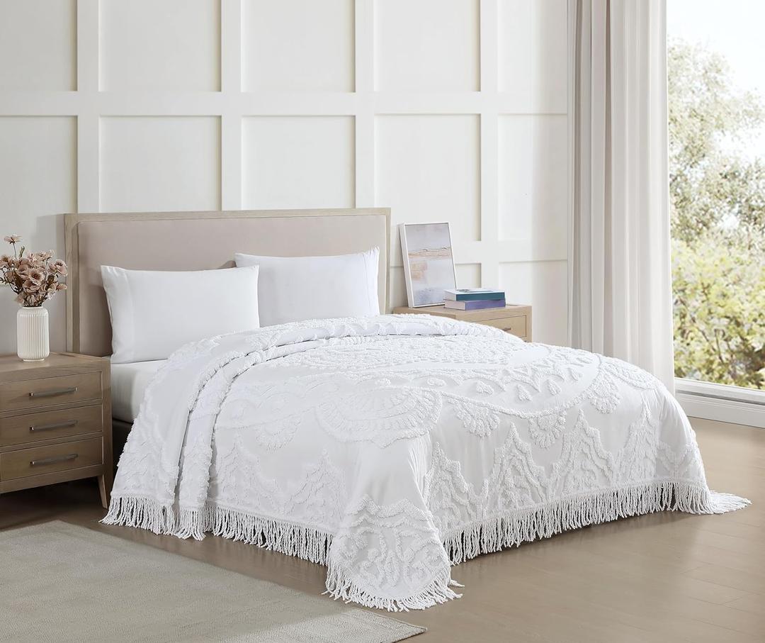 Beatrice Home Fashions King, White, Lotus Medallion 100% Cotton Chenille Bedspread, Soft, Cozy, Lightweight, Fringe Beatrice Home Fashions King, White, Lotus Medallion 100% Cotton Chenille Bedspread, Soft, Cozy, Lightweight, Fringe