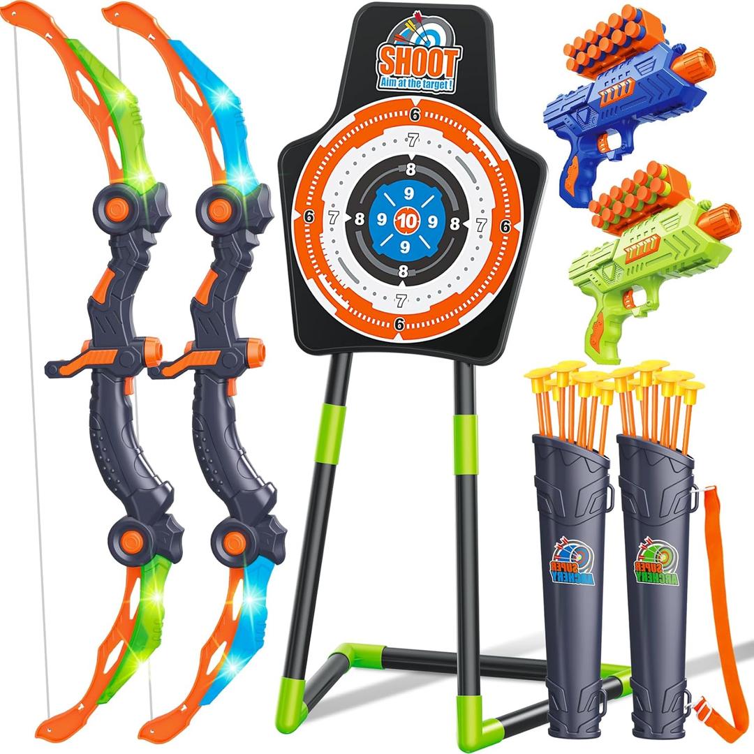 Bow and Arrow for 5 6 7 8 9 10 11+ Year Old Boys, Birthday Gift for Kids, Indoor Outdoor Activity Toys, 2 Pack LED Light Up Archery Toy with 20 Suction Cup Arrows, Standing Target, 2 Quiver (Green)