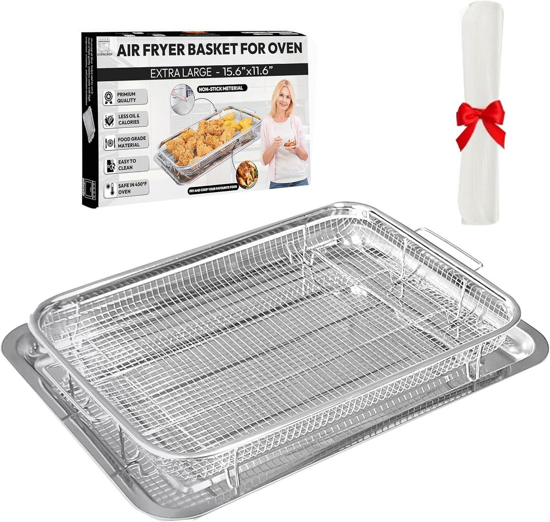 Large Air Fryer Basket for Oven, OvenCrisp 15.6" X 11.6" Oven Air Fryer Basket and Tray Set With 30PCS Parchment Papers, Stainless Steel Air Fryer Pan and Crisper Tray for Frying Baking