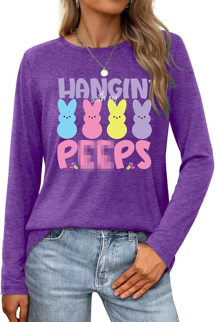 Women Easter Day Shirts: Bunny Printed Long Sleeve Pullover Cute Rabbit Shirt Tops Happy Easter Casual Spring Tops (Purple, S)