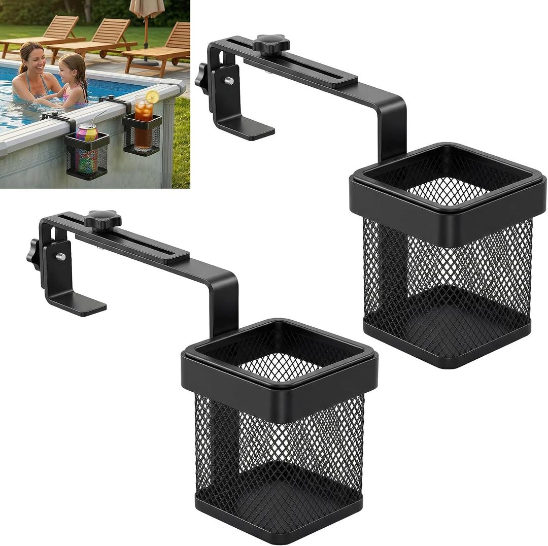 Poolside Cup Holders for Above Ground Pool Drink Holders Metal Square, Adjustable Pool Bar Above Ground Pool Accessories Fits 5" - 9" Square Top Only for Deck, Truck, Patio