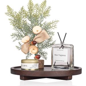 Round Decorative Tray Wood Bathroom Counter Organizer Farmhouse Kitchen Decor Wooden Riser for Soap Dish, Perfume, Candle, Sponge, 10" - Walnut