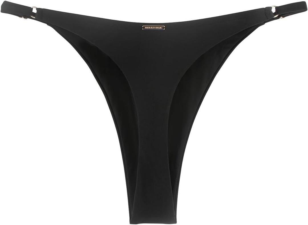 RELLECIGA Women's Adjustable High Cut Thong Bikini Bottom (Black, M)