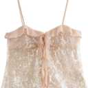 Lunoakvo Women Chic Sequined Pleated Ruffle Tank Top Backless Crop Spaghetti Strap Chiffon Sling Camisole (Small, Pink)