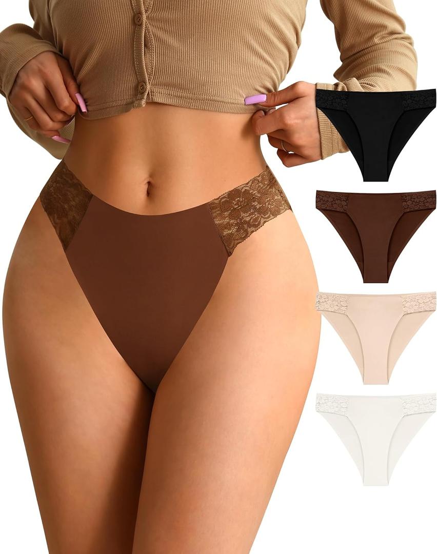 ASIMOON High Waist Bikini Underwear Womens Seamless Lace No Show Panties Soft Stretch High Cut Panties 10 Pack (Small, Multicolor 4 Pack) in