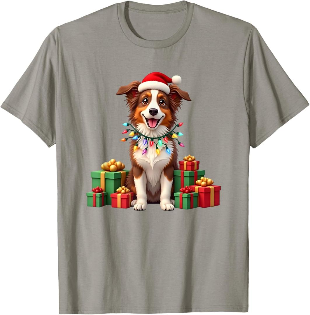 Christmas red and white Border Collie, Santa Hat T-Shirt, Red, XL