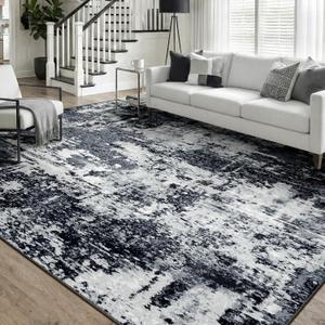 Washable Area Rugs 5'x7' Non-Slip Modern Abstract Soft for Living Room Entryway Bedroom Nursery, Print Pattern, Black Navy Blue Gray