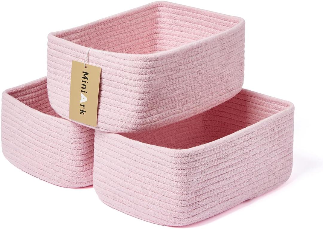 Small Storage Baskets for Organizing | Closet Organizer Bins | Shelf Toy Basket | Woven Rope Baskets | Cube Decorative Box | Shallow Basket | 11.5x7.5x4.7 | 3 Packs Pink