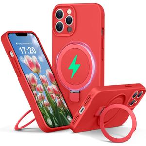 Liquid Silicone Case for iPhone 12 pro MAX with Magnetic Ring Stand, Upgraded Camera Lens Protection, Mil-Grade Drop Shockproof, Anti-Scratch Microfiber Lining Silicone Case (Red)