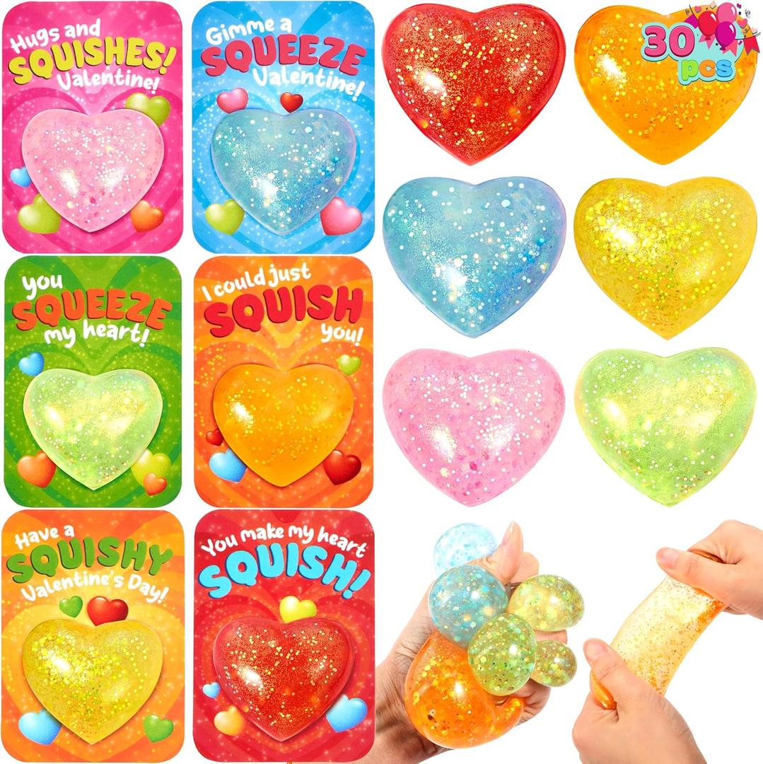 JOYIN 30 PCS 2.5" Valentines Day Heart Stress Balls with Cards, Valentines Party Favor Supplies, Exchange Rewards Prizes