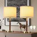 Smeike Mid Century Table Lamps Set of 2, 19.5" Modern Bedside Buffet Table Lamps with Pull Chain Switch, Antique Brass & Wood Small Nightstand Lamps for Living Room Bedroom End Table