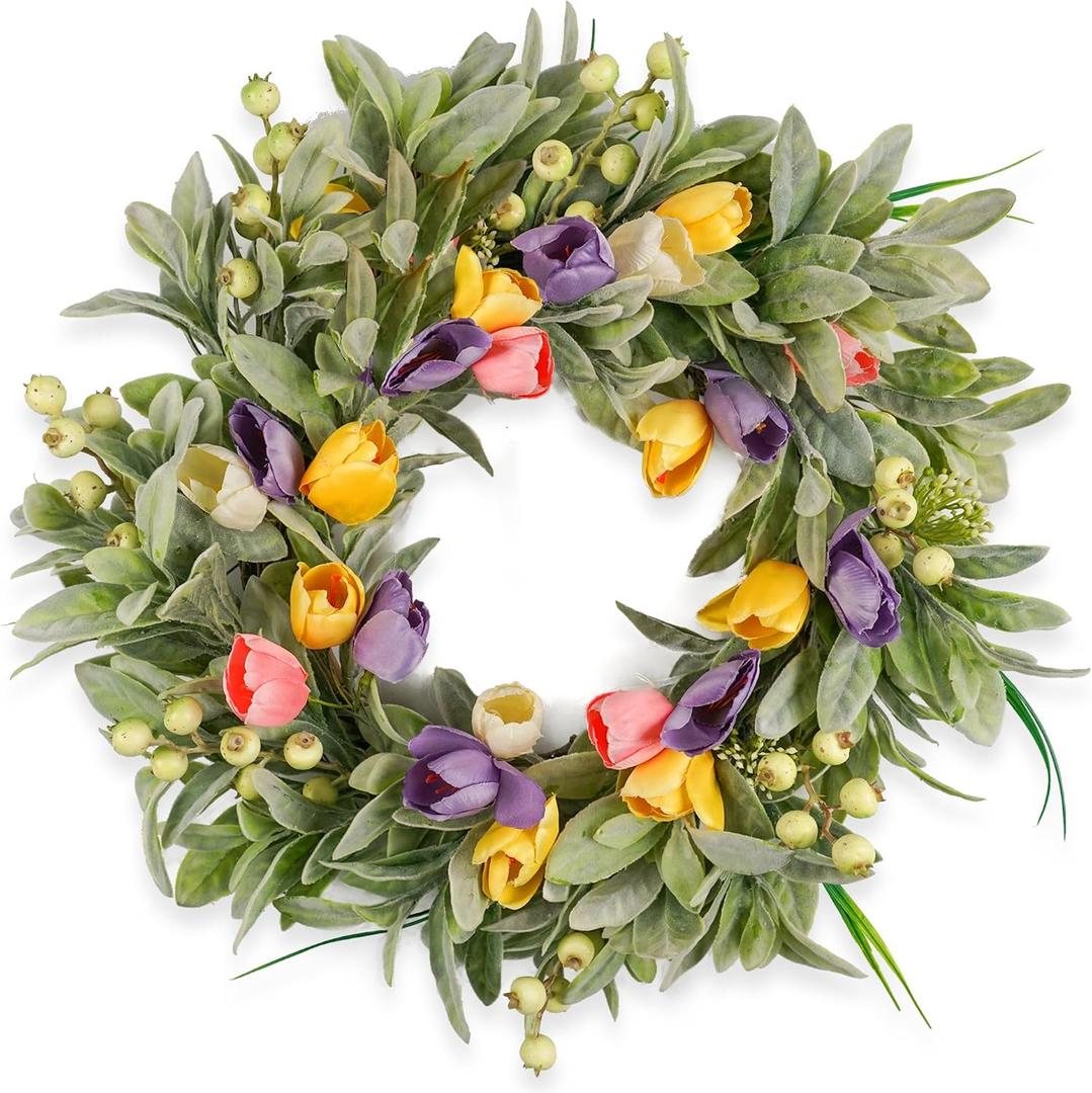 Tulip Spring Wreaths for Front Door 22 Inch, All Season Floral Wreath for Outdoor Indoor Flower, Easter Door Wreath for Spring Summer Easter Home Decor