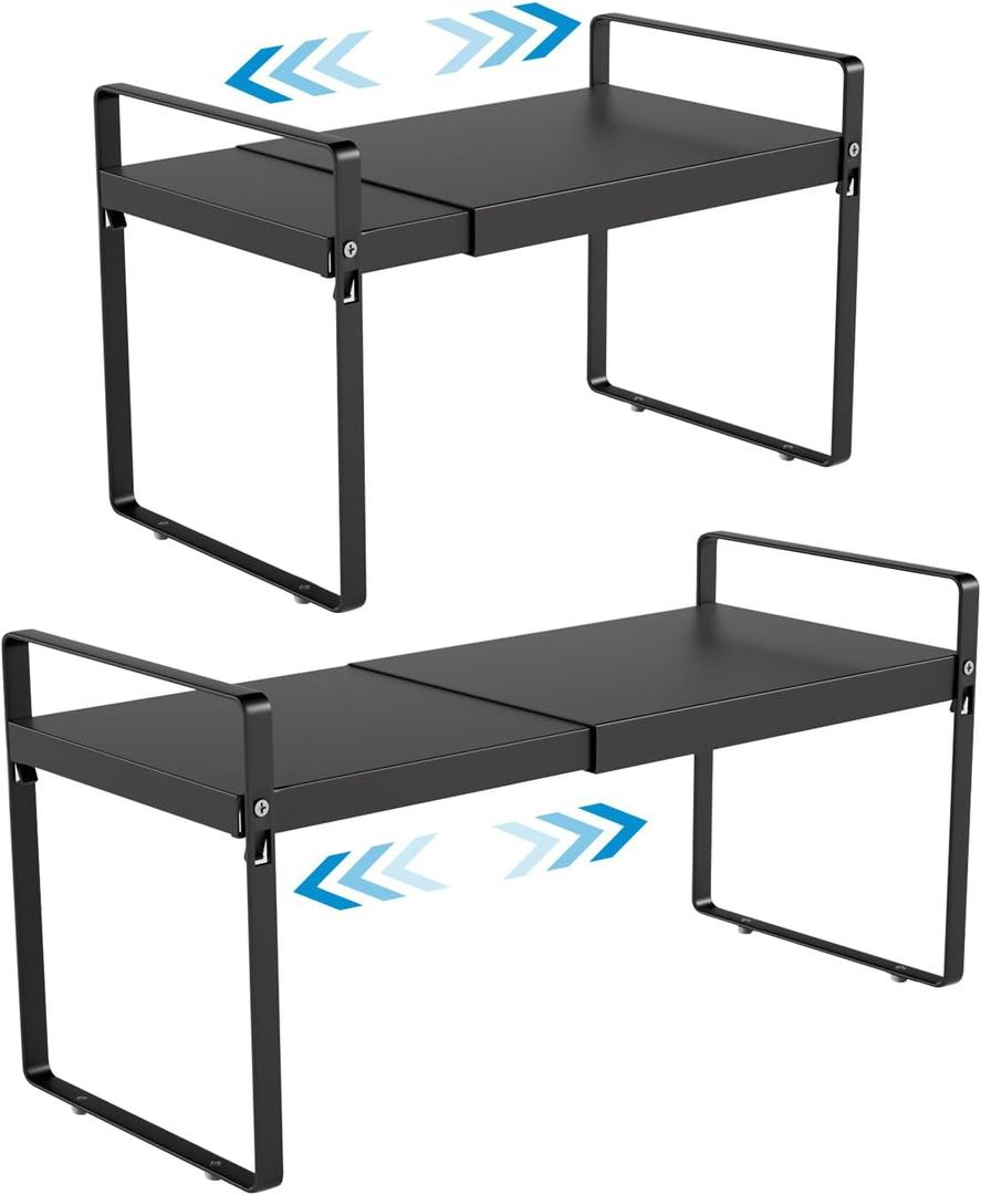 11" Deep Expandable Cabinet Organizer Shelf Riser, 14-25" Adjustable Heavy Duty Metal Pantry Storage Rack for Kitchen Cupboard, Under Sink & Countertop, 10" High Space Saver, 2-Pack Black