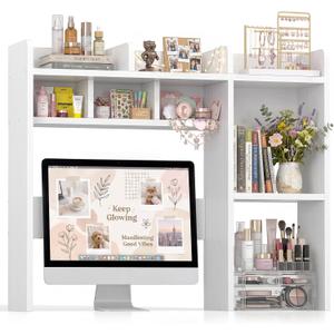 NUTIKAS Desk Hutch White Desktop Bookshelf Shelf - 37 Inch Computer Desk Organizer for Dorm Room, Wood Storage Rack for Home Office Desktop Display Shelves, Small Bookcase for Top of Desk