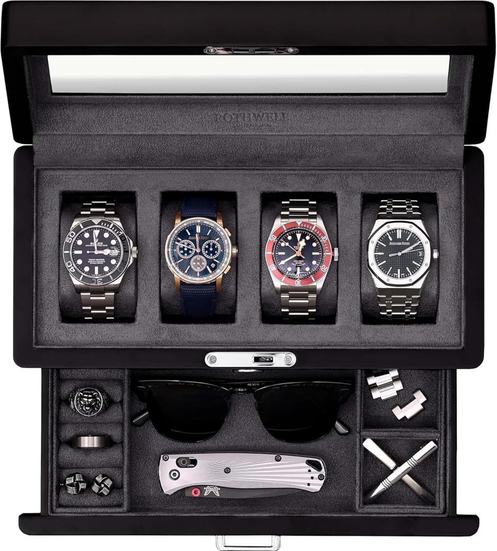 ROTHWELL 4-Slot Matte Black Watch Box with Valet Drawer - Premium Jewelry Display Case Organizer with Locking Glass Top and Microsuede Liner for Men & Women (Carbon Interior)
