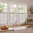 jinchan Amlie Floral Kitchen Curtains 30 Inch Length Linen Cafe Curtains Small Window Drapes Light Filtering Botanical Farmhouse for Bedroom Bathroom Rod Pocket 2 Panels Blue on Linen