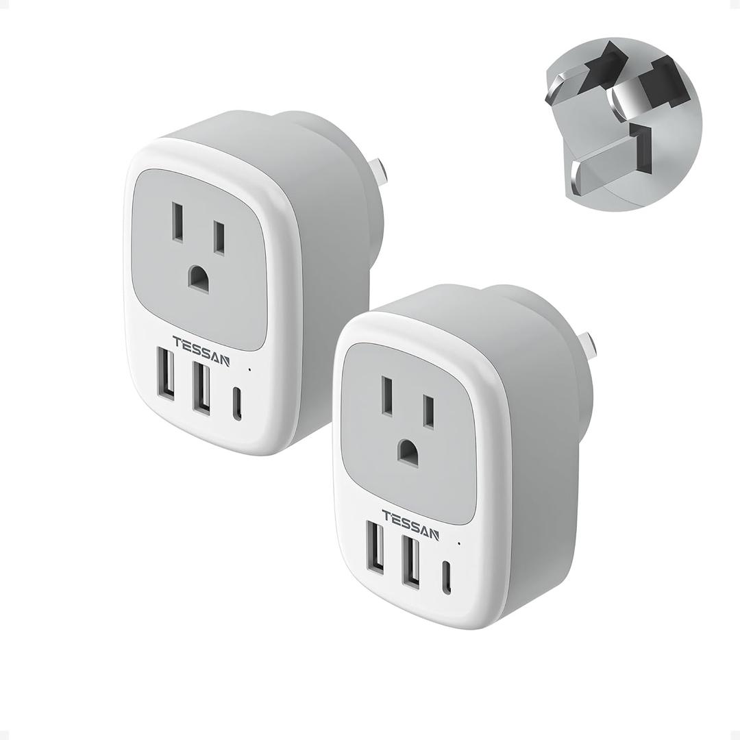 2 Pack New Zealand Power Adapter, TESSAN US to Australia Plug Adapter with 1 Electrical Outlet 3 USB Ports (1 USB C), Type I Travel Outlet Adaptor for USA to Australian Argentina China Fiji AU