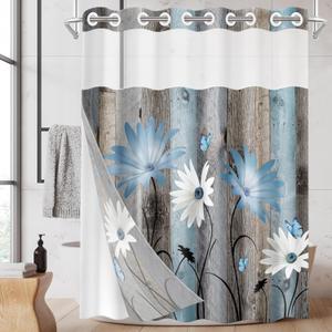No Hook Rustic Farmhouse Shower Curtain with Snap in Fabric Liner Set, Blue Daisy Flowers and Butterfly on Wooden Double Layers Waterproof with See Through Top Bath Curtain 71x74 Inch
