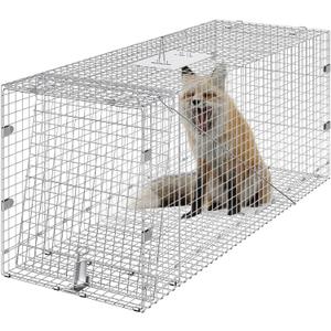 VEVOR Live Animal Cage Trap, 42" x 16" x 18" Humane Cat Trap Galvanized Iron, Folding Animal Trap Cage with Handle for Stray Dogs, Armadillos, Raccoons, Foxes