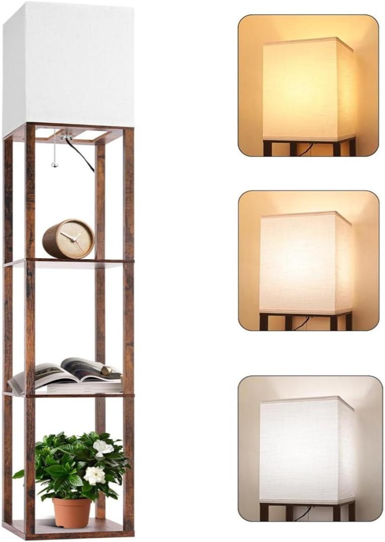 Floor Lamp with Shelves, Modern Wood Standing Shelf Lamp with 3 CCT LED Bulb and White Shade for Living Room Bedroom and Office Deco-Brown