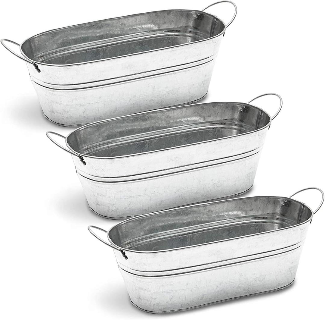 Juvale Galvanized Tub Planter with Handles - 11.8 x 5.5 x 4 in, 3-Pack, Silver, Rustic - Tin Basket Display & Metal Water Trough Accent