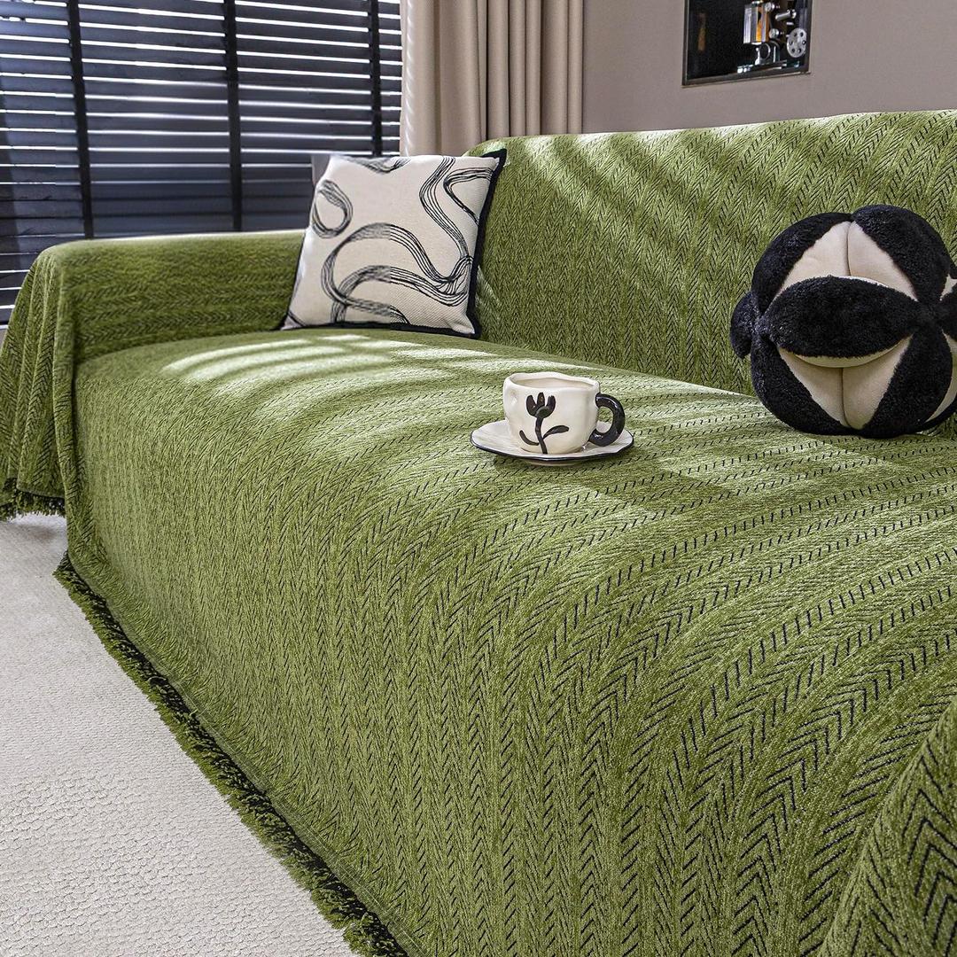 Nobildonna Chenille Couch Cover for Sofa Cover Washable Pet Scratch Couch Covers Tassel Sofa Slipcover for 2 Cushion Couch,Furniture Protector Blanket for Living Room,Yellow Green 71"x118"