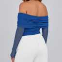 BTFBM Women's Long Sleeve Shirts 2025 Fall Crop Going Out Tops Mesh Ruched Casual Off Shoulder Blouses Y2K Clothes (Blue, XL)