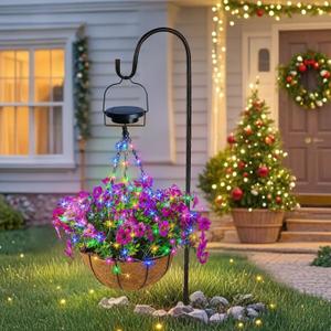 Solar Artificial Flower Basket with RGB Solar Lights - 10 Inch Lighted Hanging Basket with Purple Faux Flowers for Porch Garden