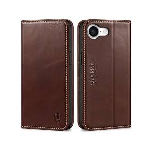 SHIELDON Case for iPhone 17e&16e 6.1", Genuine Leather Wallet RFID Blocking Credit Card Holder Folio Magnetic Kickstand Shockproof Full Protection Cover Compatible with iPhone 16e - Pebbled Khaki