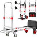 Upgraded 3 in 1 Aluminum Folding Hand Truck, 600lbs Capacity, Heavy Duty Convertible Dolly with Retractable Handle and 4 Rubber Wheels, Collapsible Cart for Moving Home, Office, Warehouse (Red) 