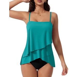 SUUKSESS Women Tummy Control Tankini Swimsuit Ruffle High Waisted Bathing Suit (XX-Large, 186 Blue Black)