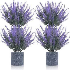 Fake Plants Lavender- 4 Pack Small Artificial Plants Indoor Faux Potted Lavender Flower Purple Rustic Decor for Home Bathroom Bedroom Windowsill Kitchen Shelf Office Coffee Table Centerpiece