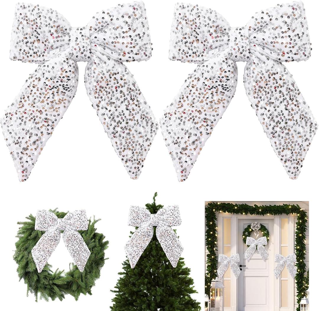 Hungdao 23.6 Inch Large Velvet Sequin Christmas Bow Outdoor Decorations Fabric Christmas Bows with Stuffed for Wreaths Garland Tree Topper Stairs, Railing, Porch (Silver Color)