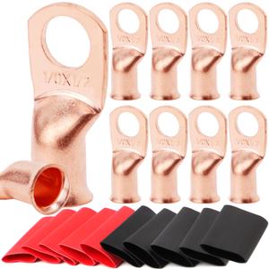 TKDMR 10pcs 1/0 AWG-1/2 Battery Lugs,Heavy Duty Wire Lugs,Ring Terminals,Battery Cable Ends,0 Guage terminals,Battery Terminal Connectors with 10pcs 3:1 Heat Shrink Tubing