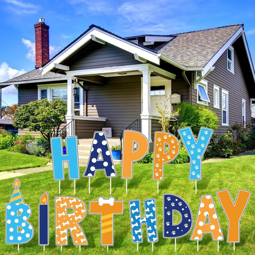 Threehoney 13 Pcs Blue Dog Paw Happy Birthday Yard Sign with Stakes, 16" Happy Birthday Letter Lawn Signs, Outdoors Birthday Decorations Blue Dog Birthday Theme Party Supplies for Outdoor Yard Lawn