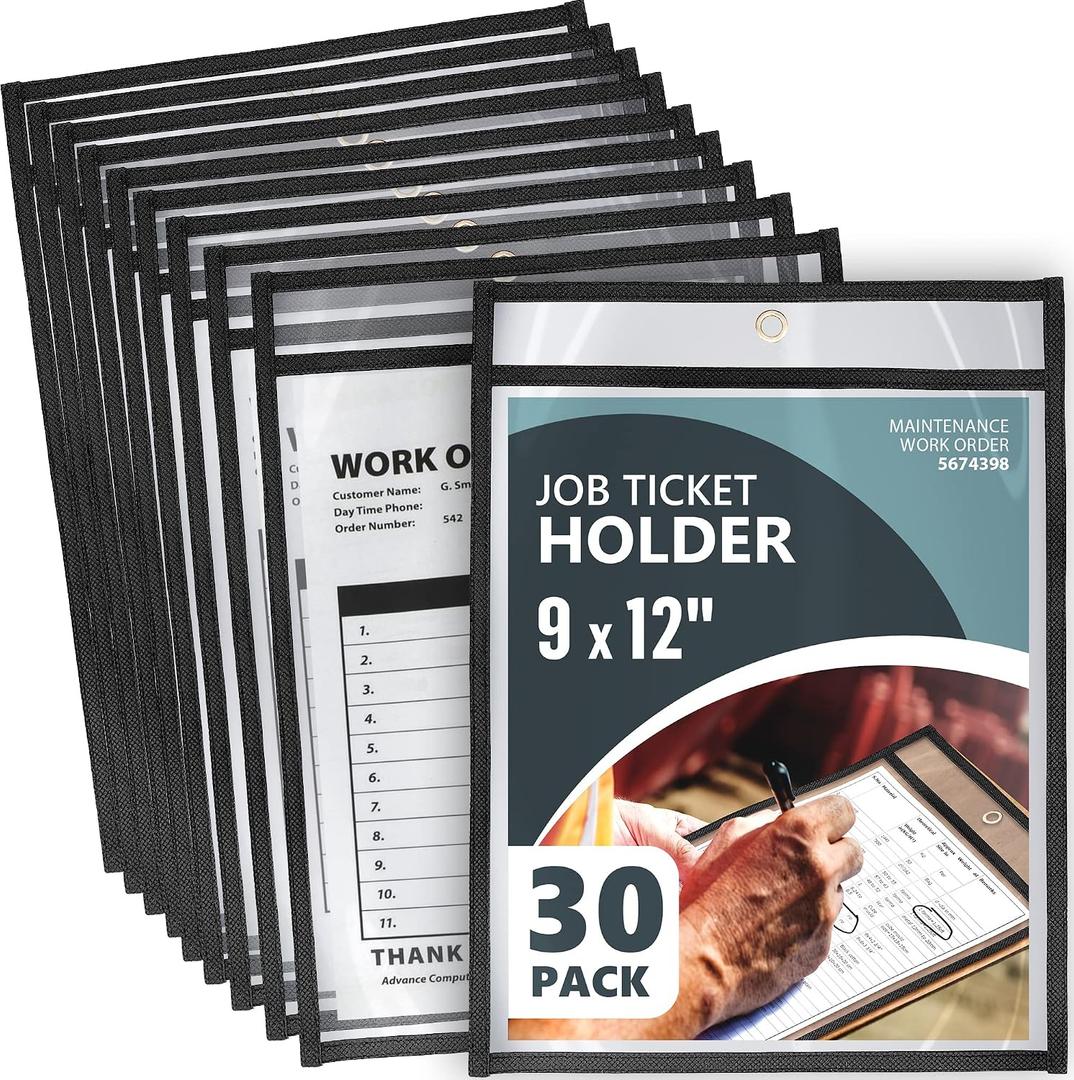 30 Pack Job Ticket Holders 9x12 Heavy Duty - Automotive Work Order Plastic Sleeves - Clear Shop Ticket Holders - Repair Order Sleeves - Plastic Sleeve for Paper - Dry Erase Pockets - Work Order Folder