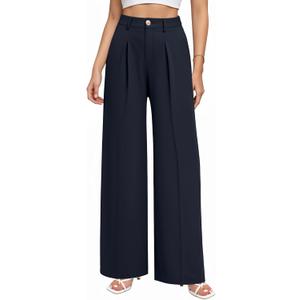 CLOZOZ Wide Leg Pants Women's High Waisted Work Trousers Regular for Office Business Casual (Large, Deep Blue)