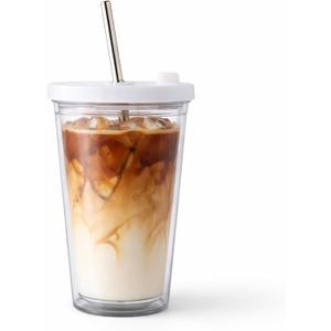 Reusable Iced Coffee Cup 16 Oz, Leakproof Iced Coffee Tumbler, Clear Plastic Tumbler with Lid and Straw, Double Wall Insulated, BPA-Free, No Sweat, for Hot and Cold Drinks